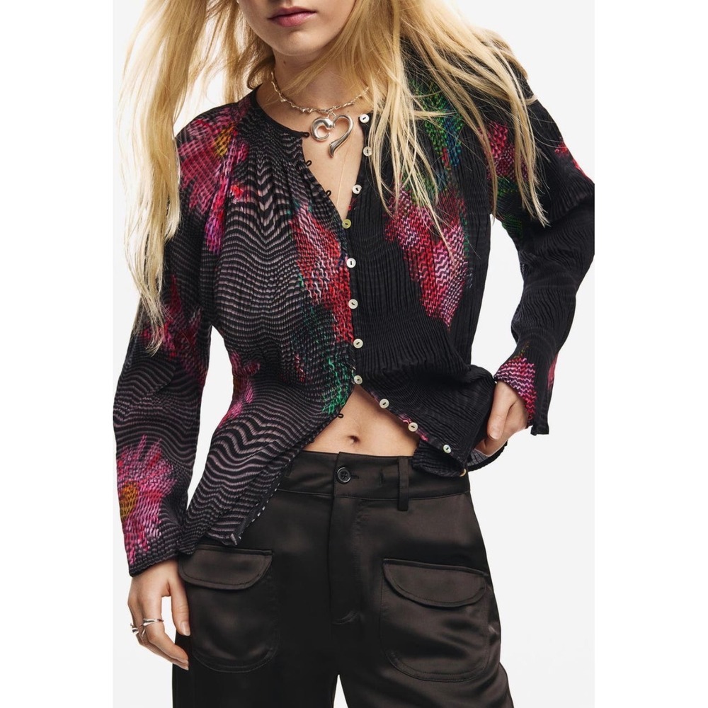NEW Desigual Floral Plissé‎ Wavy Stripe Button Front Boho Comfort Stretch Top